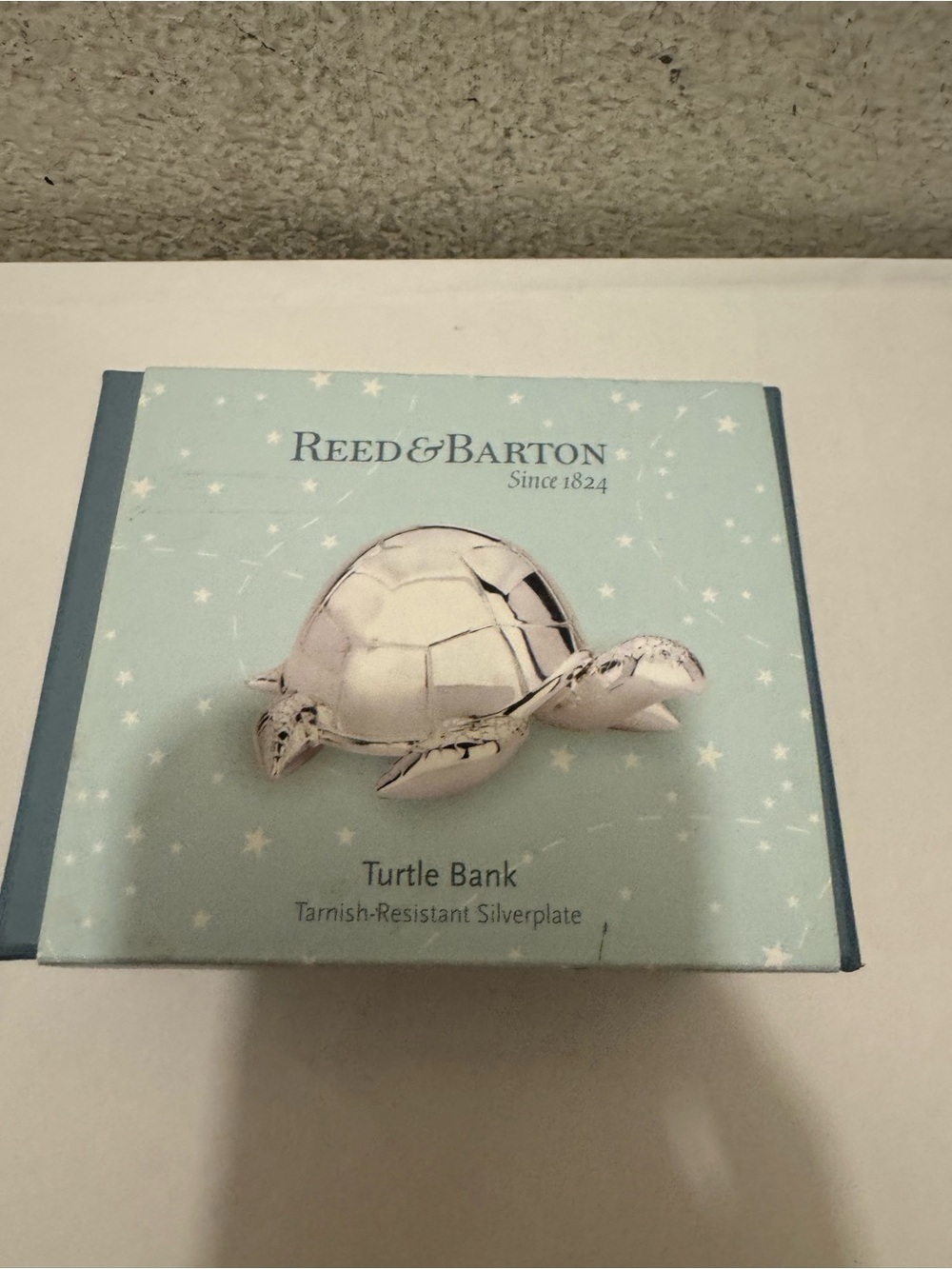 Reed & Barton Silver Turtle Bank with Pale Blue Box Accents